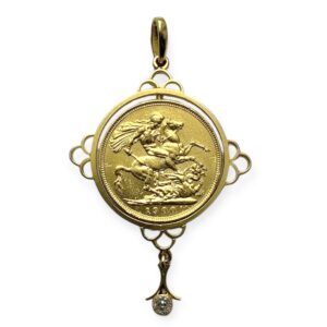 1900 Full Sovereign Diamond Pendant In 15K and 22K Yellow Gold