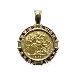 1907 Half Sovereign Diamond and Ruby Pendant In 9K and 22K Yellow Gold