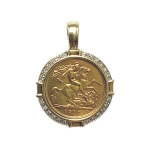 1910 Half Sovereign Diamond 0.12ct Pendant In 9K and 22K Yellow Gold