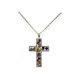 60cm Multi Stone Gemstone and Diamond 0.58ct Necklace in 14K White Gold