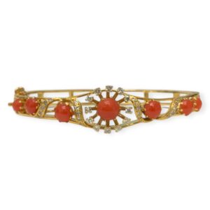 17cm Coral and Diamond 0.54ct Bangle in 9K Yellow Gold