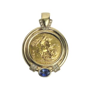 1912 Full Sovereign Sapphire and Diamond 0.10ct  Pendant in 9K and 22K Yellow Gold